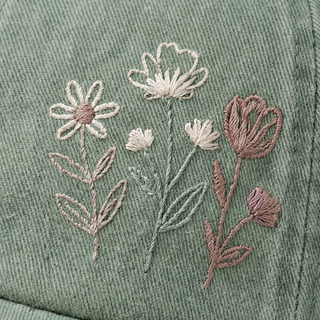 Wildflower embroidery macro detail sage green washed baseball cap