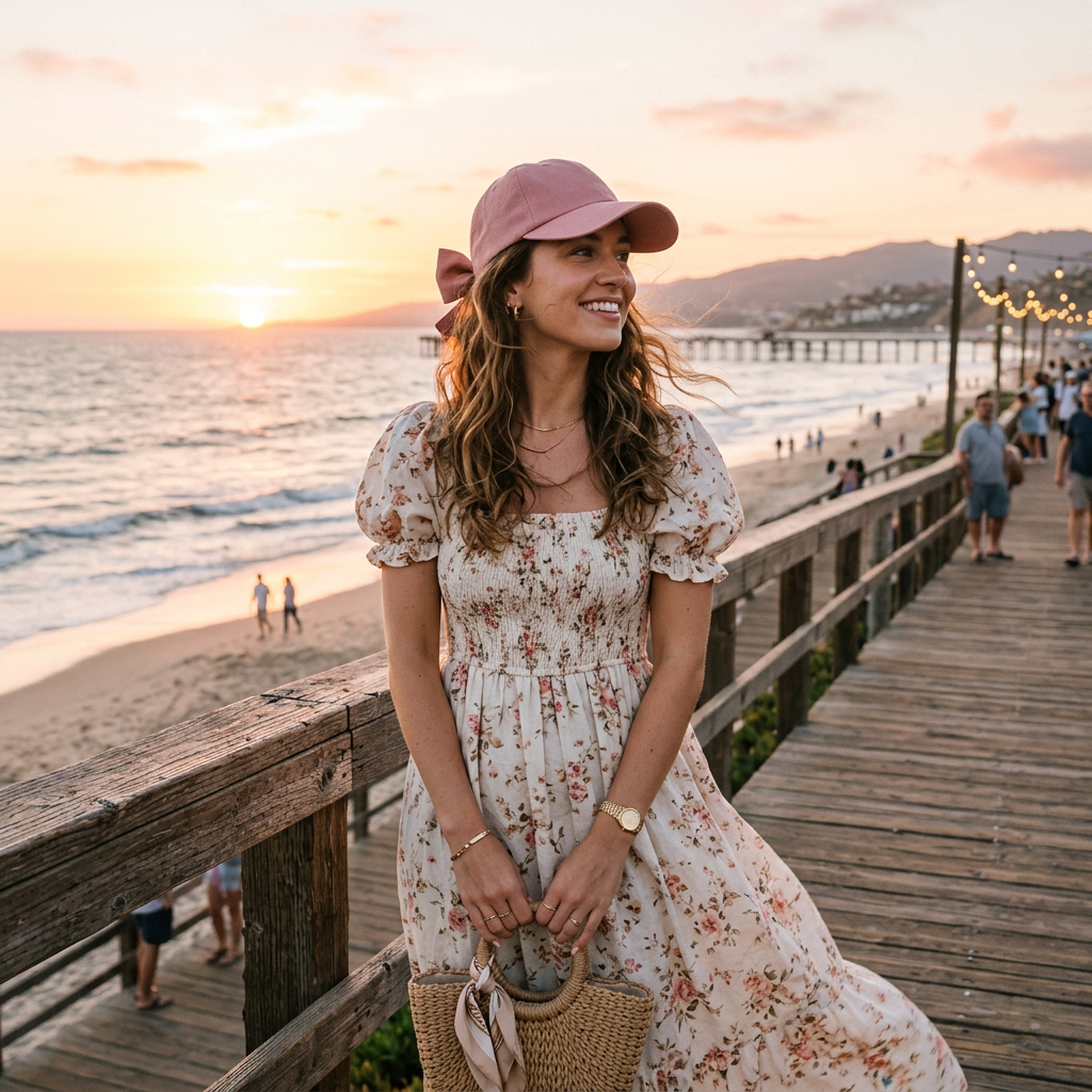 Woman wearing dusty rose bow cap seaside golden hour lifestyle