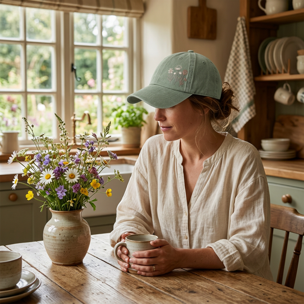 Woman wearing sage green wildflower cap cottage kitchen morning lifestyle