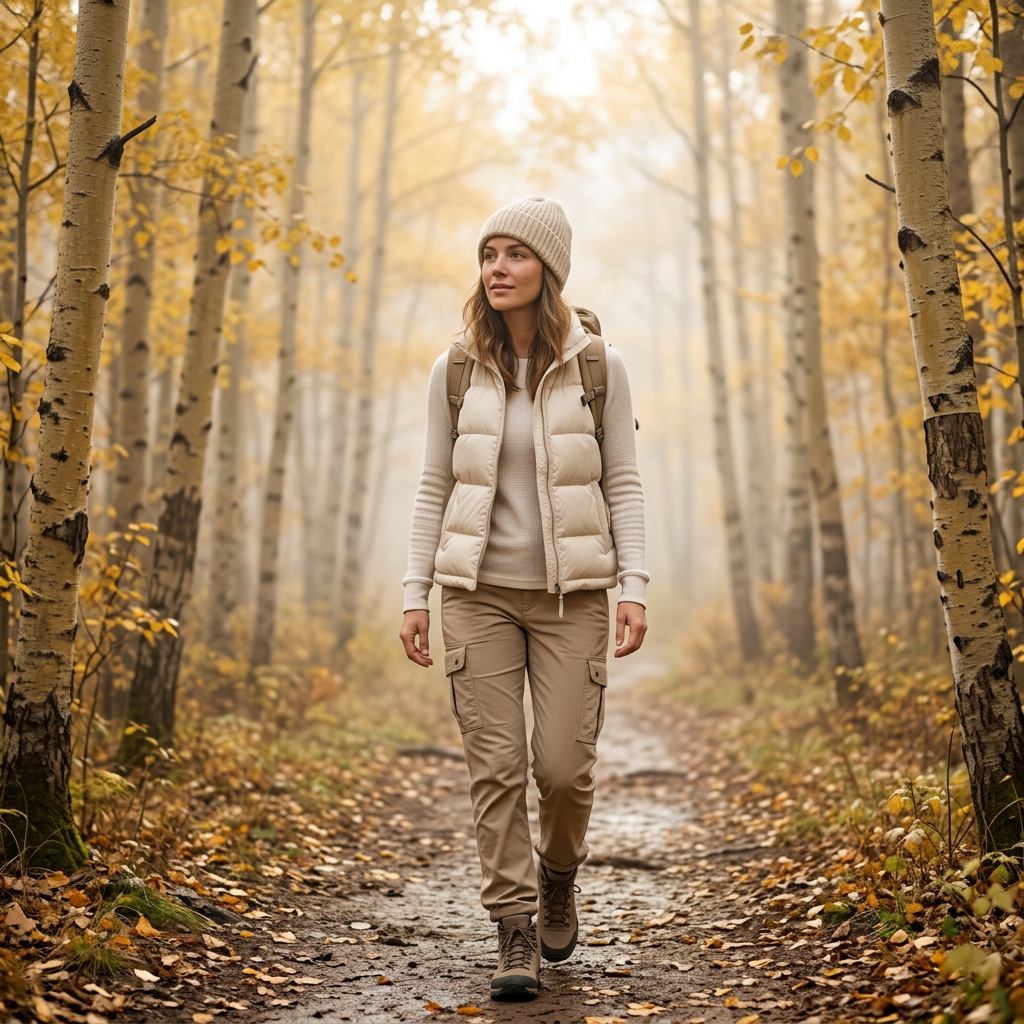 Woman wearing oatmeal ribbed beanie autumn forest hiking lifestyle