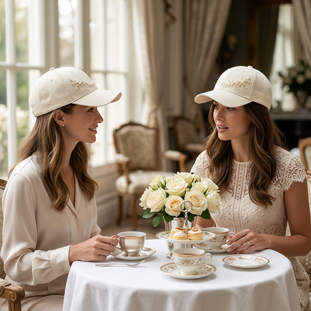 Two women wearing pearl caps afternoon tea lifestyle