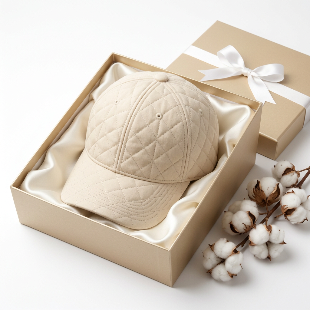 Ivory quilted cap champagne gold satin gift box packaging