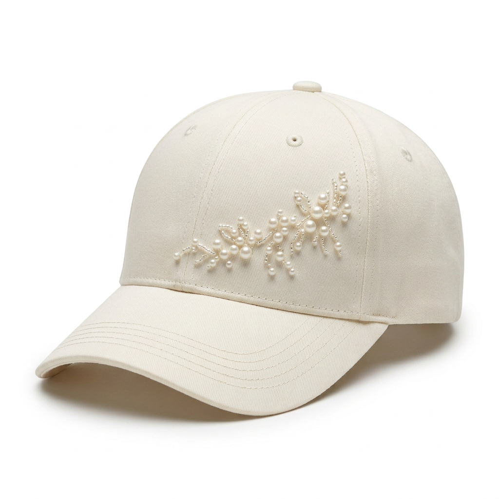 Pearl embellished cream women's baseball cap white background hero shot