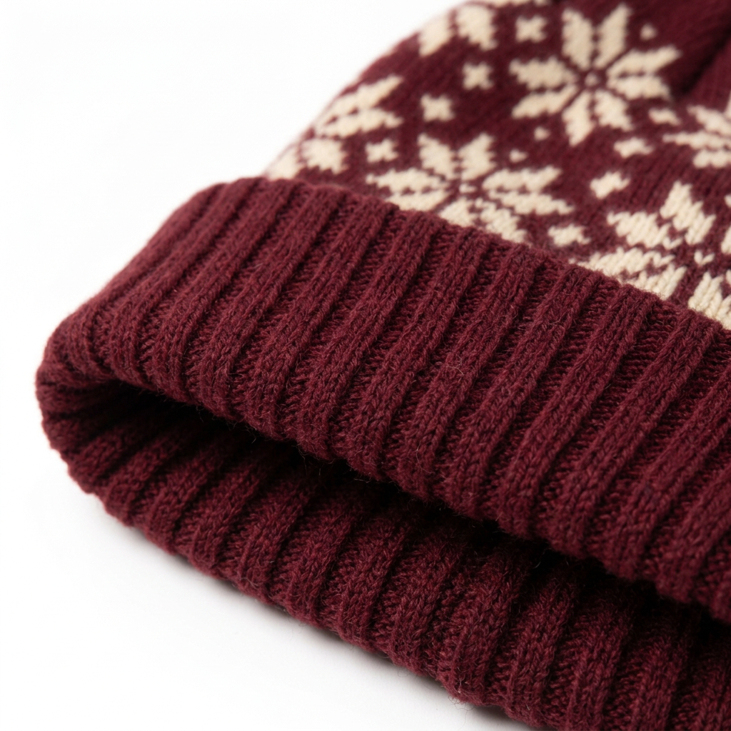 Ribbed folded cuff detail burgundy snowflake knit beanie