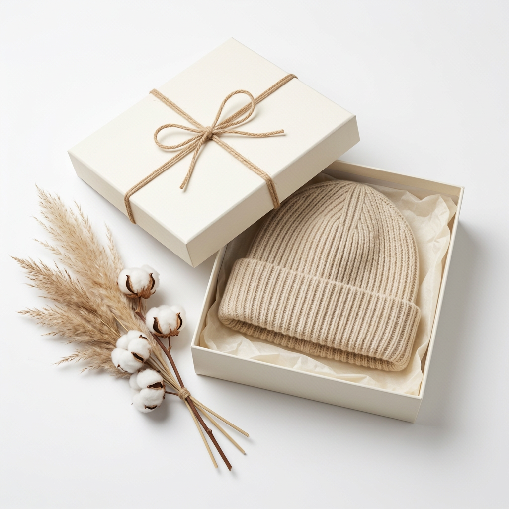 Oatmeal ribbed beanie cream gift box Scandinavian packaging