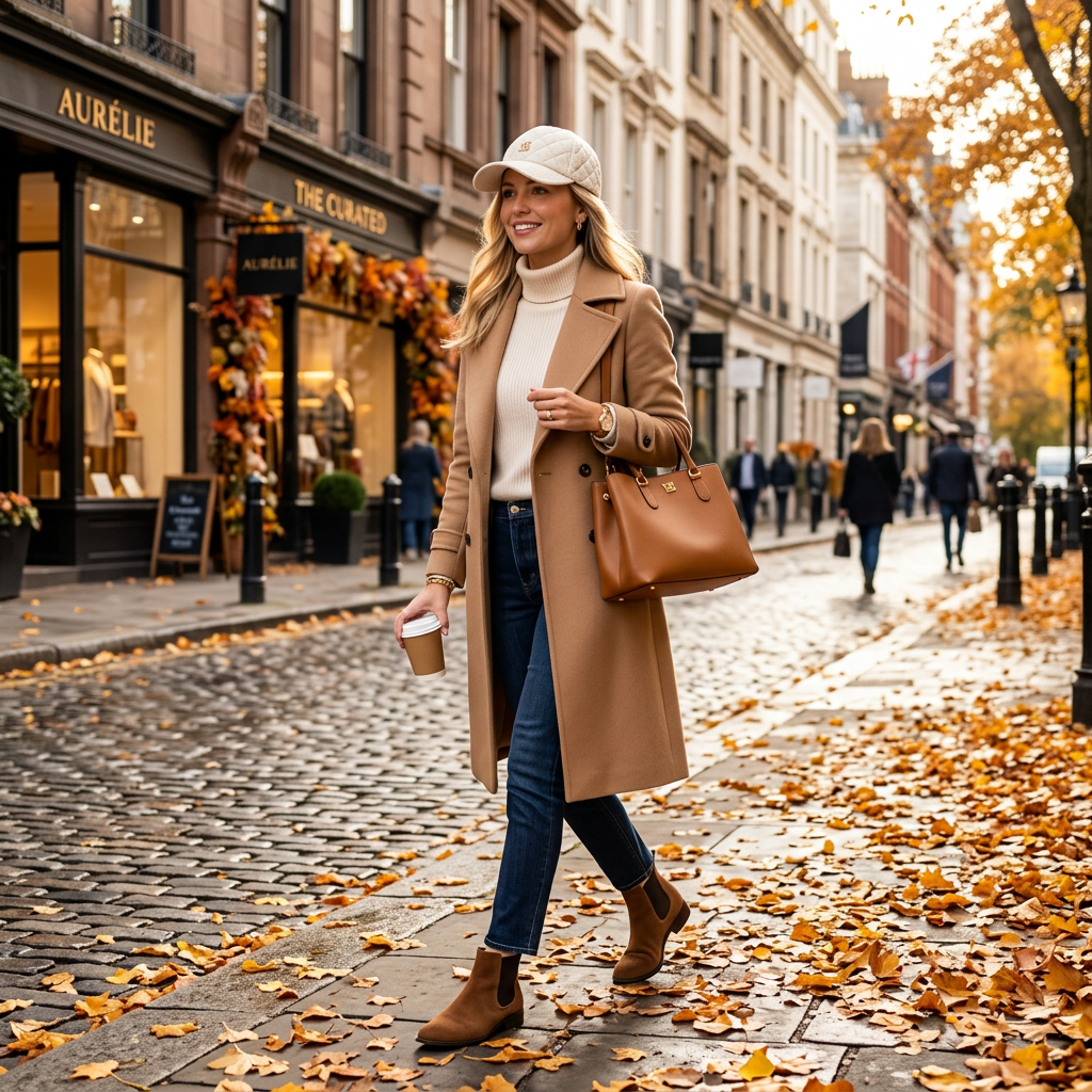 Woman wearing ivory quilted cap autumn city camel coat lifestyle