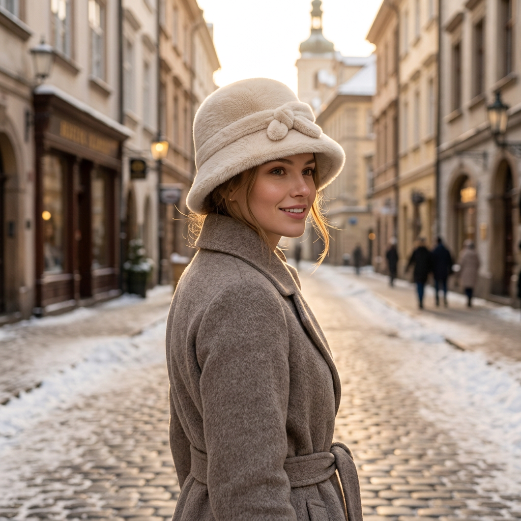 Woman wearing cream plush hat on snowy European cobblestone street
