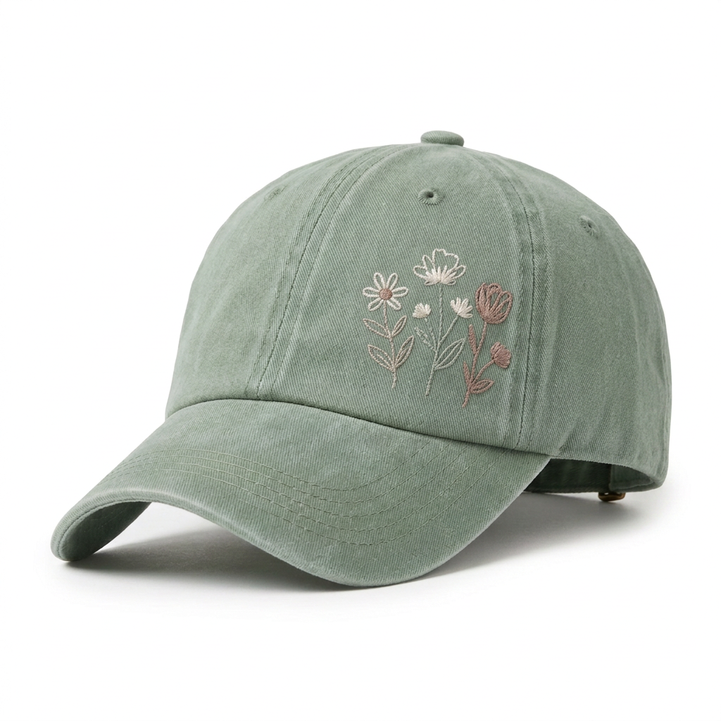 Sage green wildflower embroidery washed cap white background hero shot