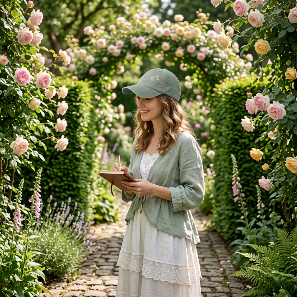 Woman wearing sage green wildflower cap botanical garden path lifestyle