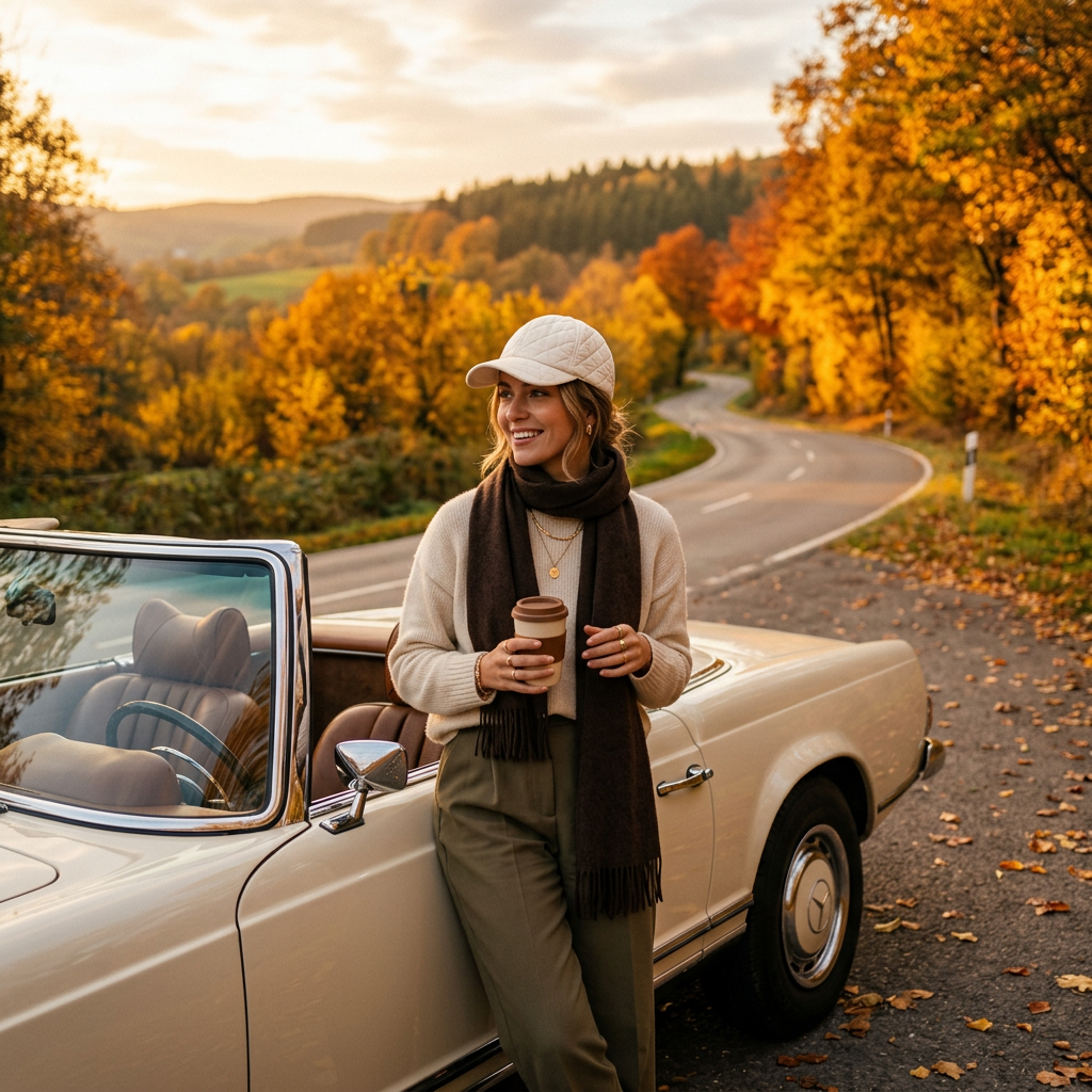 Woman wearing ivory quilted cap autumn countryside drive lifestyle