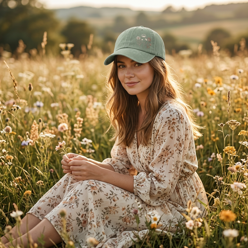 Woman wearing sage green wildflower cap wildflower meadow lifestyle