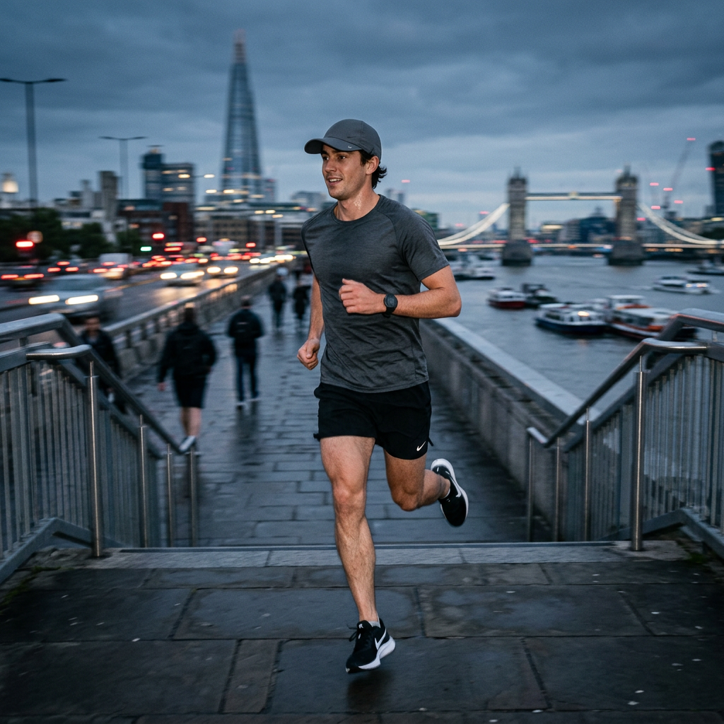 Man wearing charcoal performance cap city morning run lifestyle