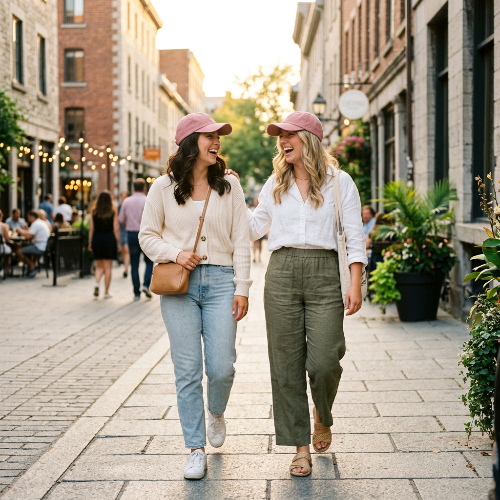 Two women wearing dusty rose bow caps urban street friends lifestyle