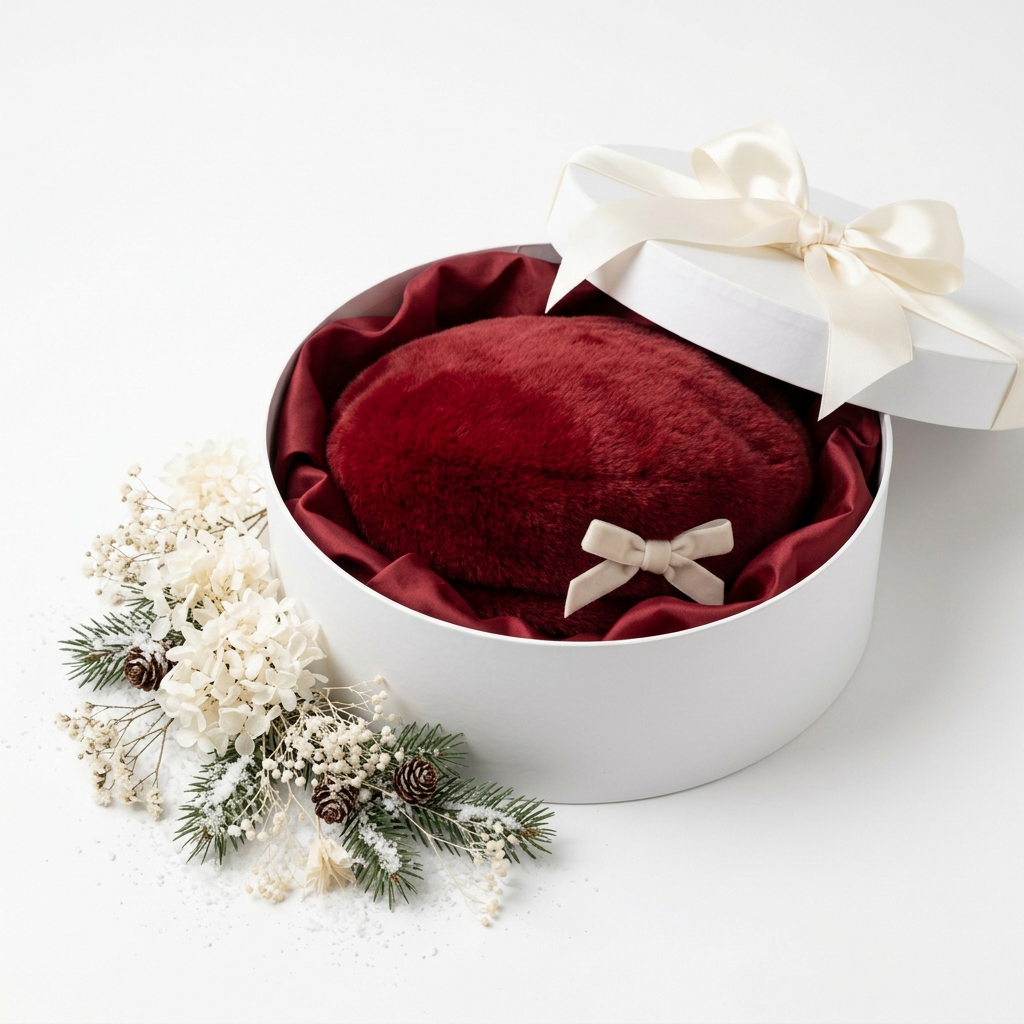 Red faux-fur beret white round hat box ivory ribbon gift packaging