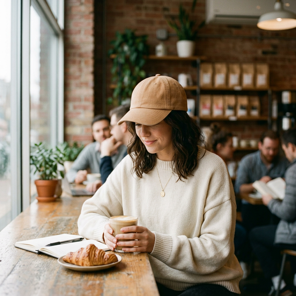 Woman wearing beige baseball cap coffee shop morning lifestyle