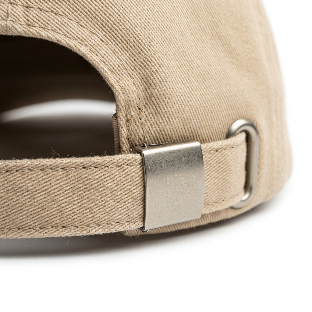 Adjustable metal buckle closure detail on beige baseball cap