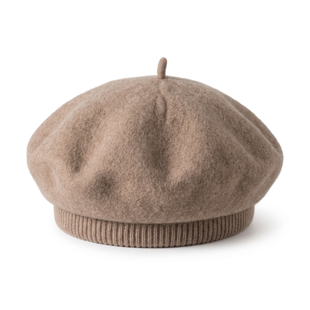Dusty camel wool felt French beret white background hero shot