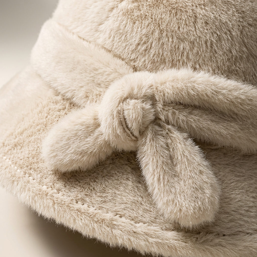 Close-up detail of plush fur texture and knot bow embellishment