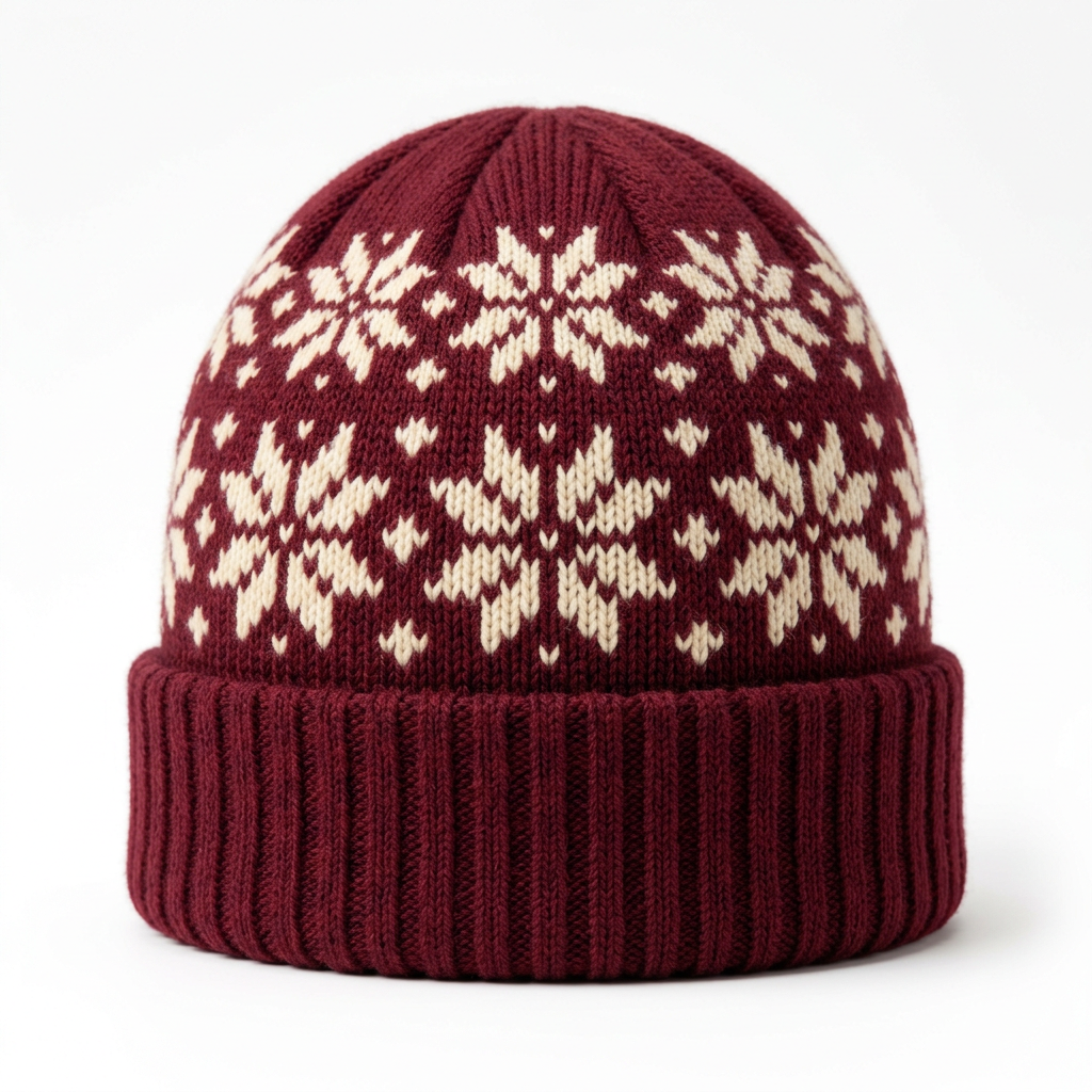 Original Geometric Snowflake Nordic Knit Beanie — Burgundy & Ivory