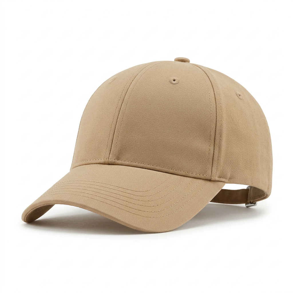 Classic structured beige baseball cap front view on white background
