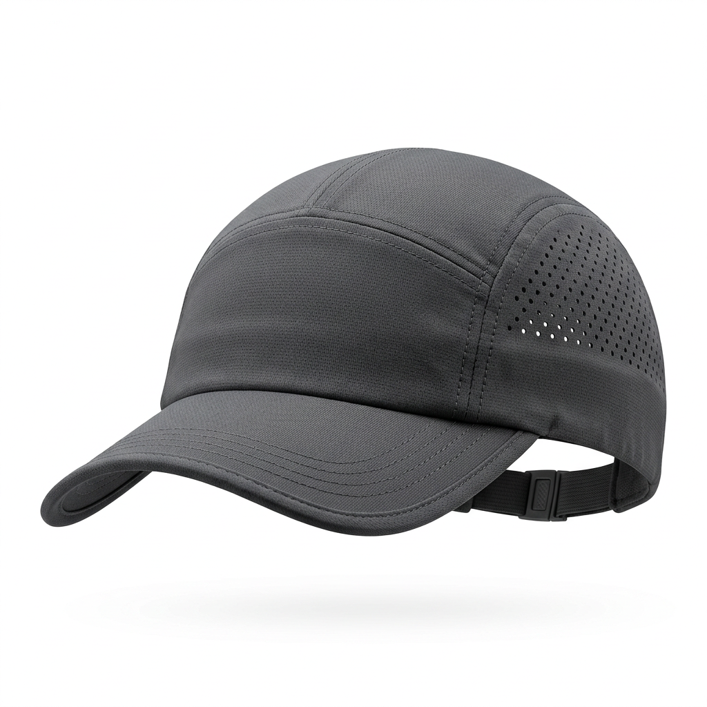 Lightweight charcoal gray performance running cap front view