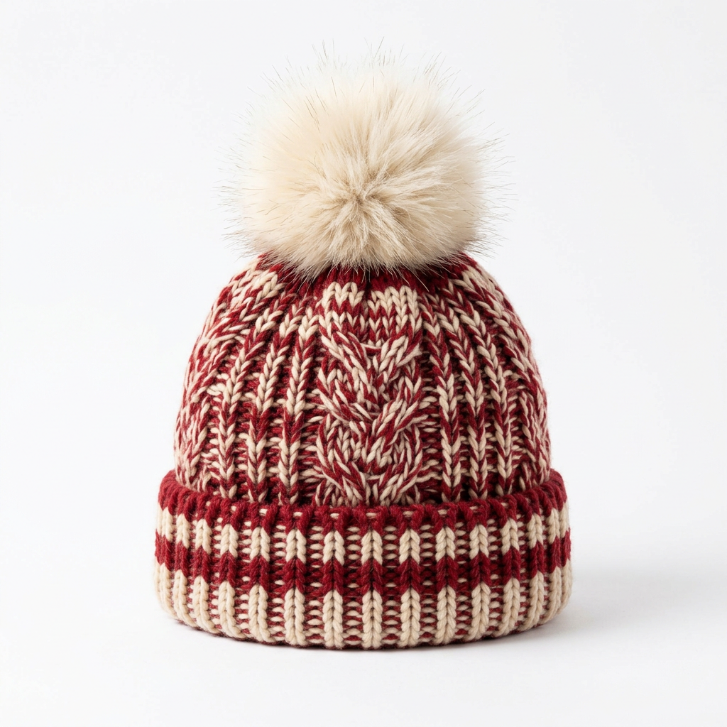Women's Christmas red ivory cable knit pom-pom beanie front view