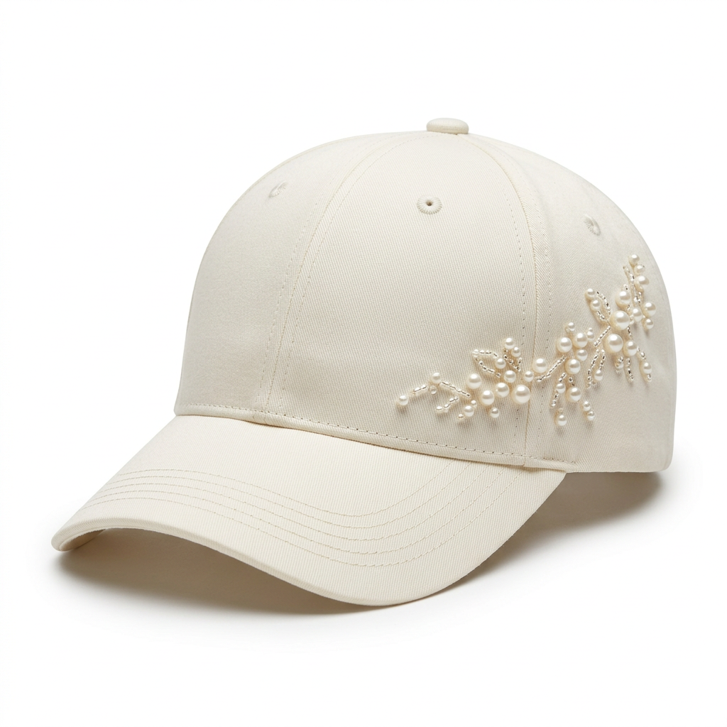 Women's cream ivory pearl embellished baseball cap front view