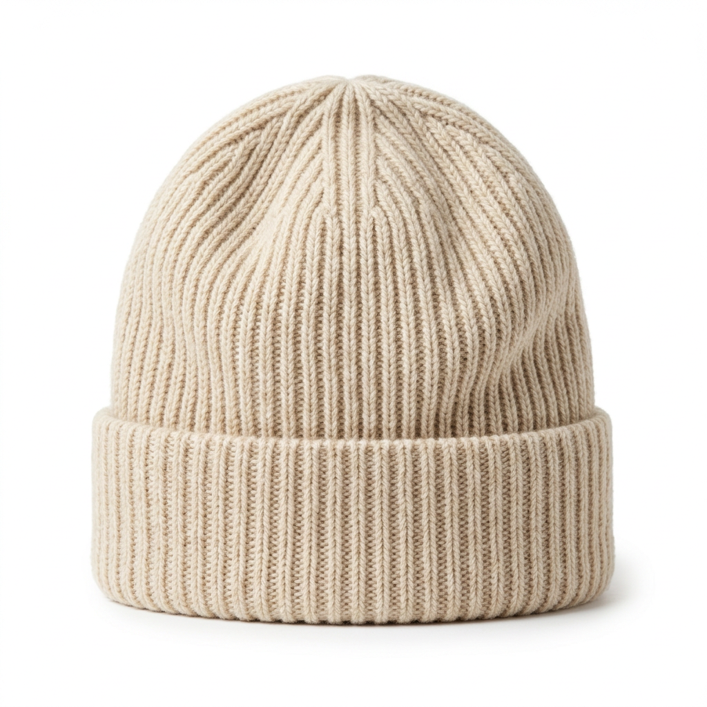 Women's oatmeal cream ribbed knit beanie front view