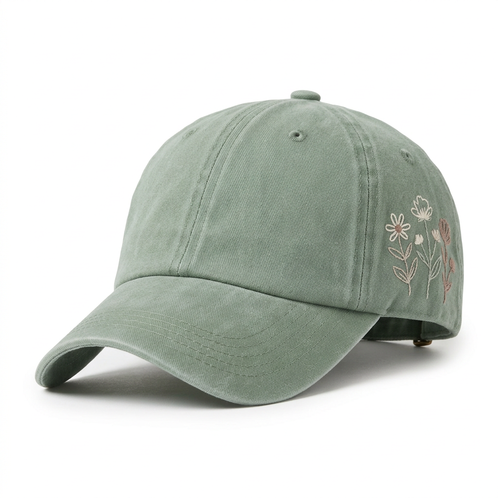 Women's sage green wildflower embroidery washed baseball cap front view